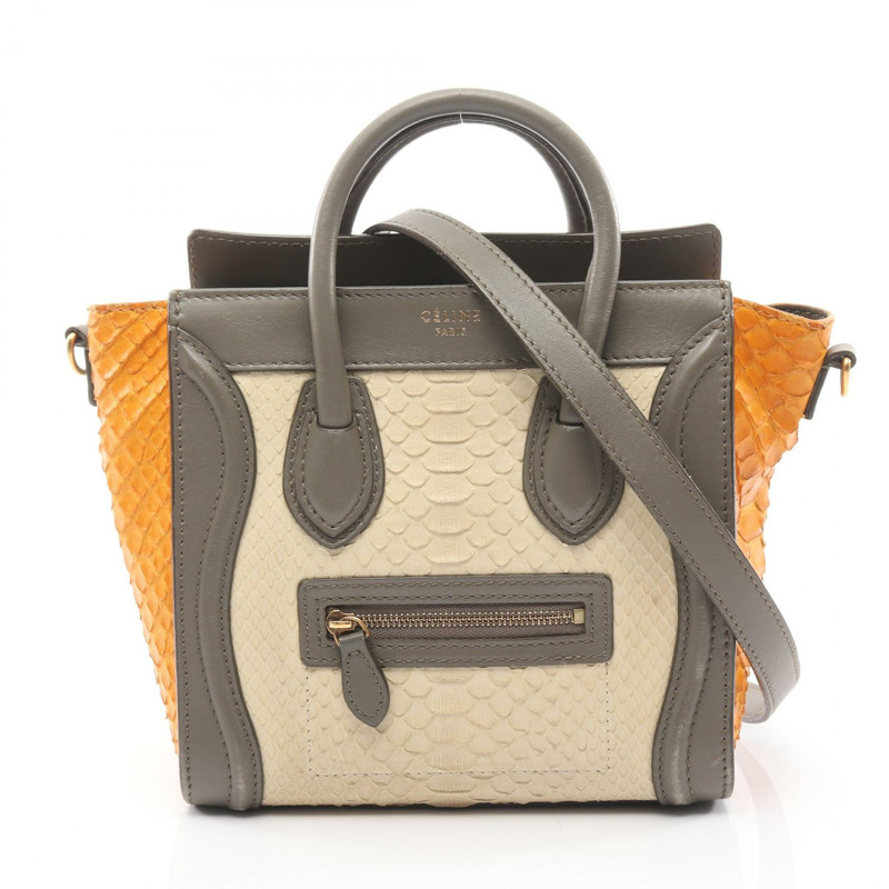CELINE Luggage Nano Shopper 手提包，異國皮革，米色、灰色、橙色，二手女款-0