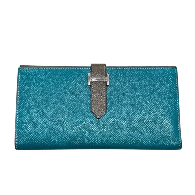 HERMES 愛馬仕 BEARN 長夾 EPSOM 普皮 藍綠色/大象灰 銀釦-0