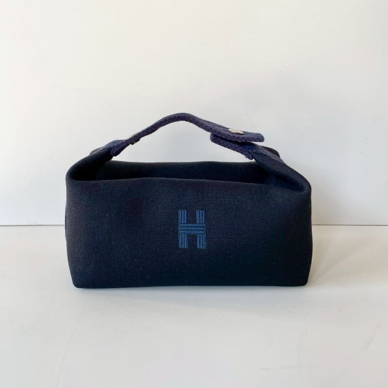 Hermes Trousse Bride 飯盒包 銀扣 小型 黑色 深藍色 帆布 棉質 收納包-0