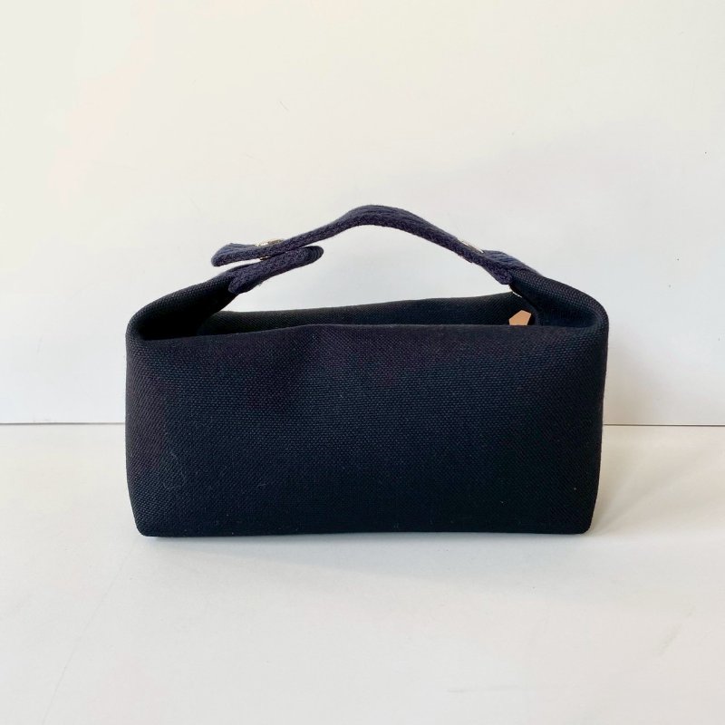 Hermes Trousse Bride 飯盒包 銀扣 小型 黑色 深藍色 帆布 棉質 收納包-1