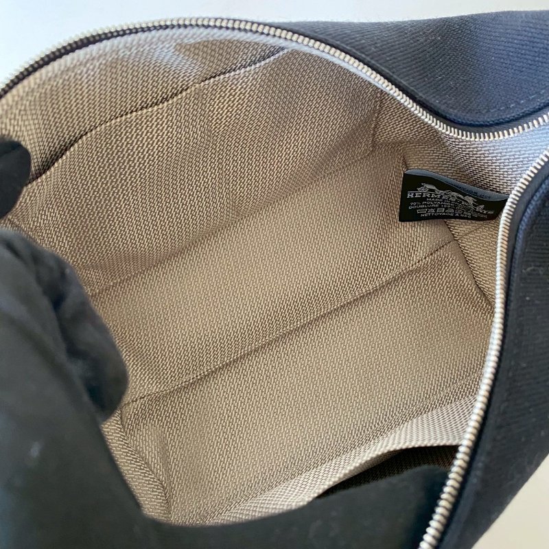 Hermes Trousse Bride 飯盒包 銀扣 小型 黑色 深藍色 帆布 棉質 收納包-3