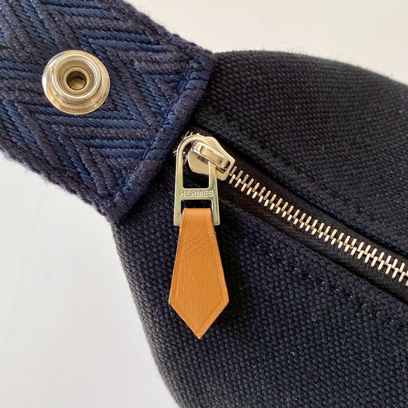 Hermes Trousse Bride 飯盒包 銀扣 小型 黑色 深藍色 帆布 棉質 收納包-7