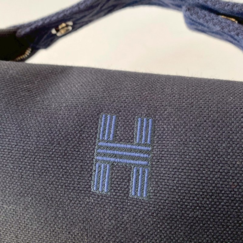 Hermes Trousse Bride 飯盒包 銀扣 小型 黑色 深藍色 帆布 棉質 收納包-8