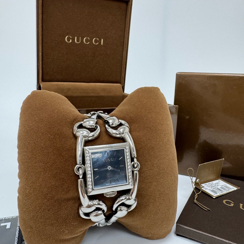 Gucci 馬銜扣鏈條貝母方盤手錶 vintage 中古-0