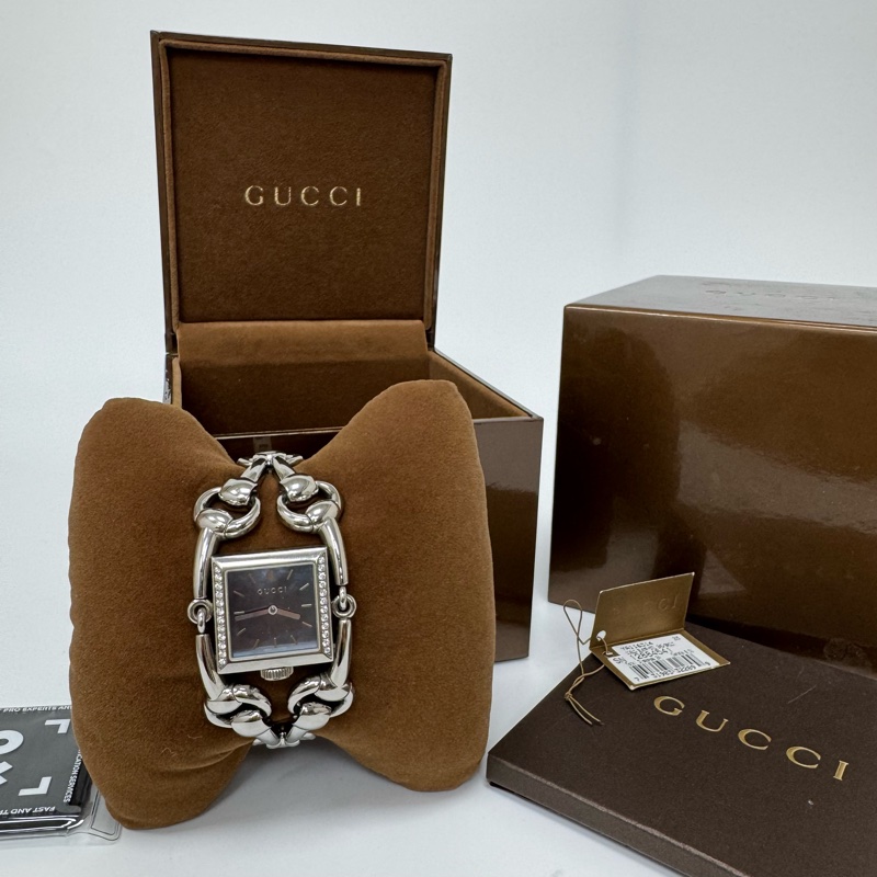 Gucci 馬銜扣鏈條貝母方盤手錶 vintage 中古-1