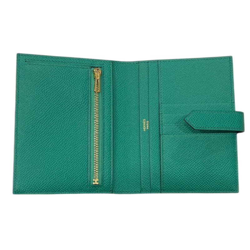 HERMES 愛馬仕 BEARN 短夾 EPSOM 普皮 綠色 金釦-10