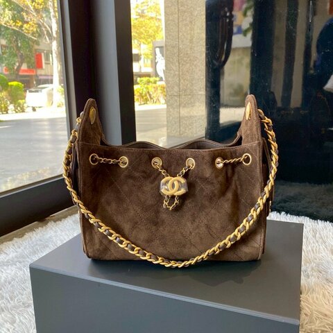 CHANEL 26C mini 25 bag Hobo 深棕色 小牛 麂皮 金扣 肩背 手提 AS5631