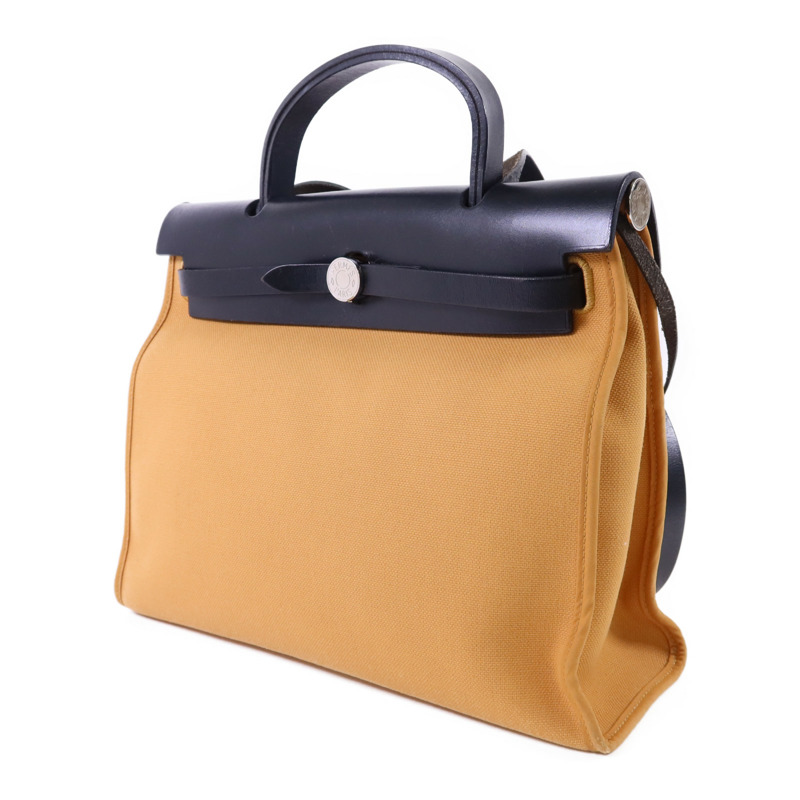 HERMES 帆布Herbag PM銀扣手挽肩背兩用袋Moutarde-2