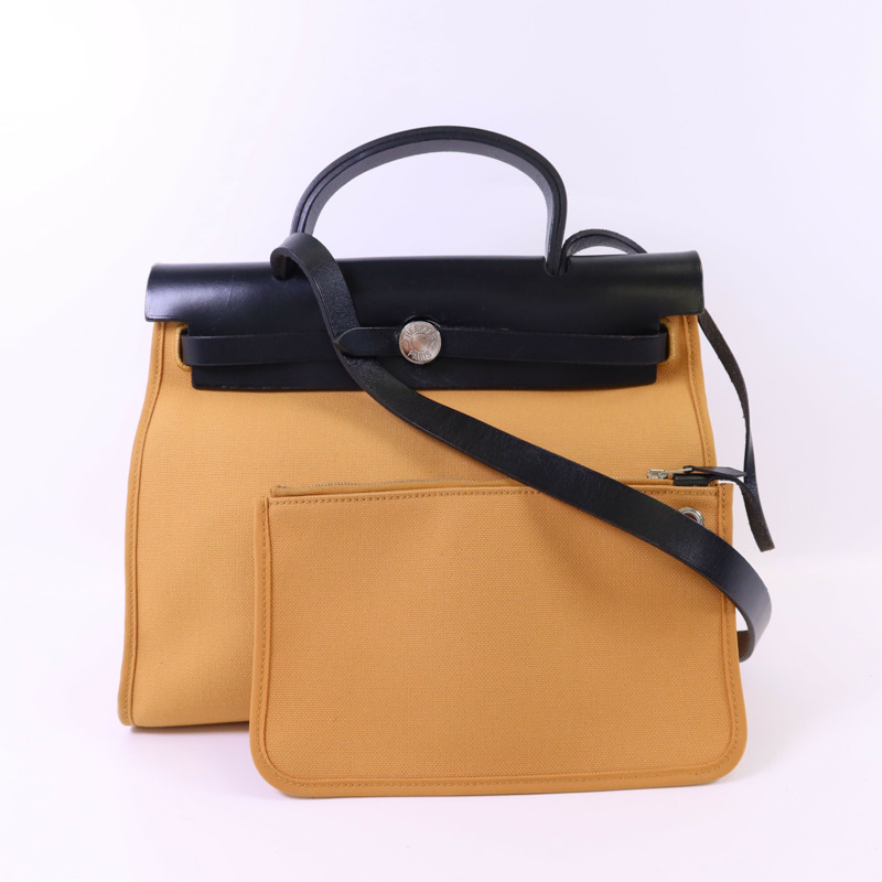 HERMES 帆布Herbag PM銀扣手挽肩背兩用袋Moutarde-21