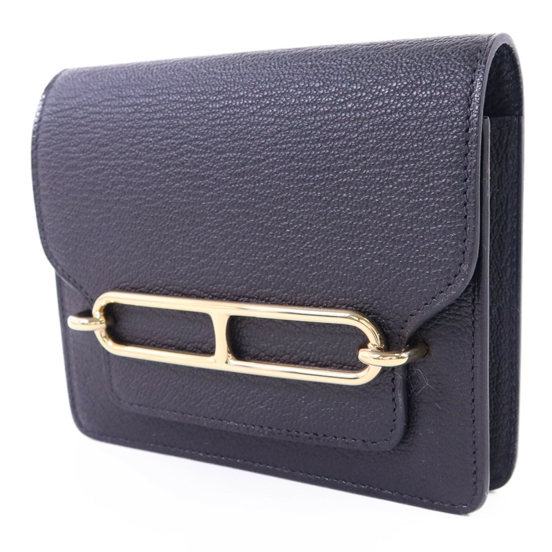 HERMES Chevre皮革Roulis Slim Wallet金扣錢包Noir-2