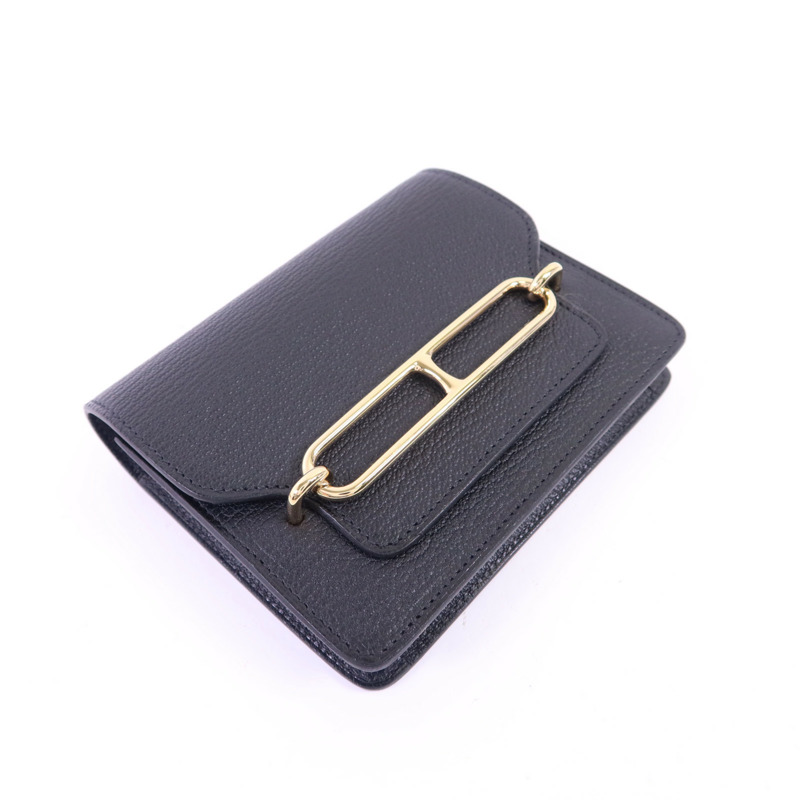HERMES Chevre皮革Roulis Slim Wallet金扣錢包Noir-4