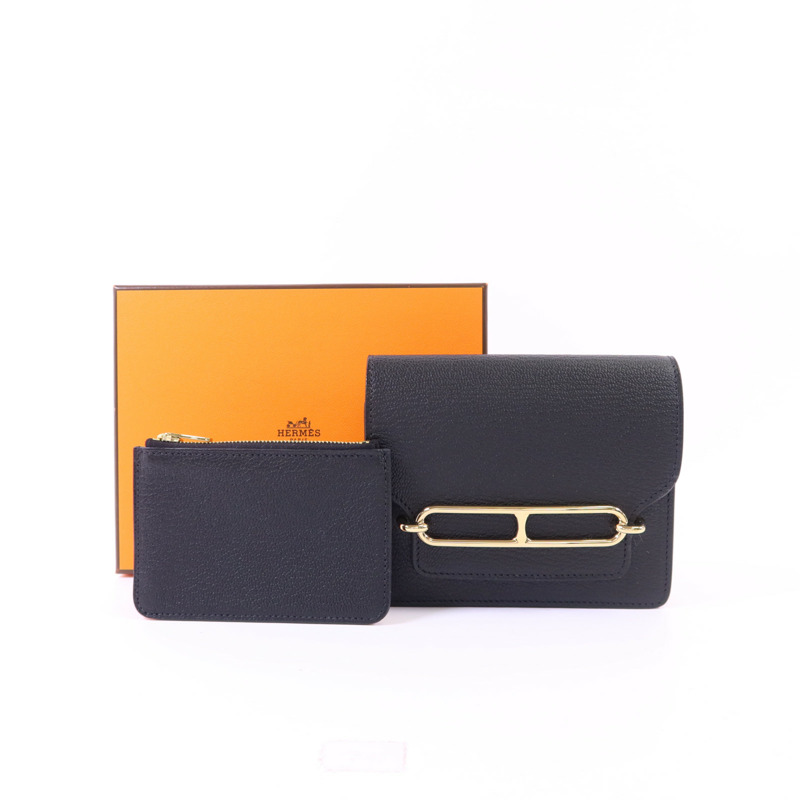 HERMES Chevre皮革Roulis Slim Wallet金扣錢包Noir-12