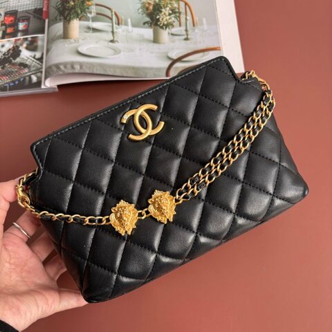 ::CHANEL:: AP3429 黑色經典菱格紋皮革金獅頭吊飾肩背包 鏈包 肩背鏈包 手提包