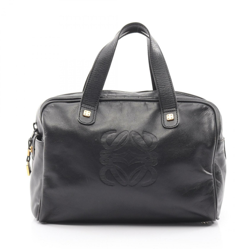 LOEWE Anagram 旅行手提包，黑色皮革，二手女款-0