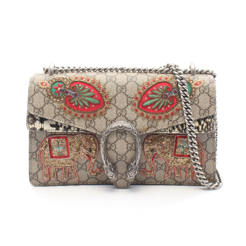 GUCCI Dionysus GG Supreme 單肩包 PVC塗層帆布 異國皮革 米色 多色 二手 女士-0