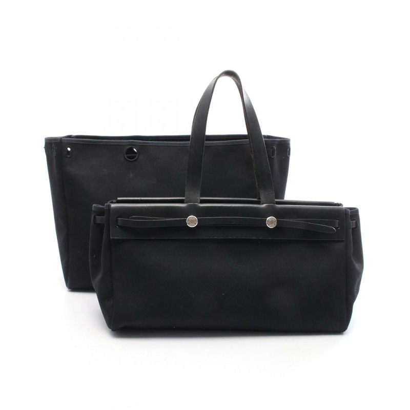 愛馬仕 Herbag Cabas GM 手提包，Toile officier 帆布皮革，黑色 SHW 二手-0