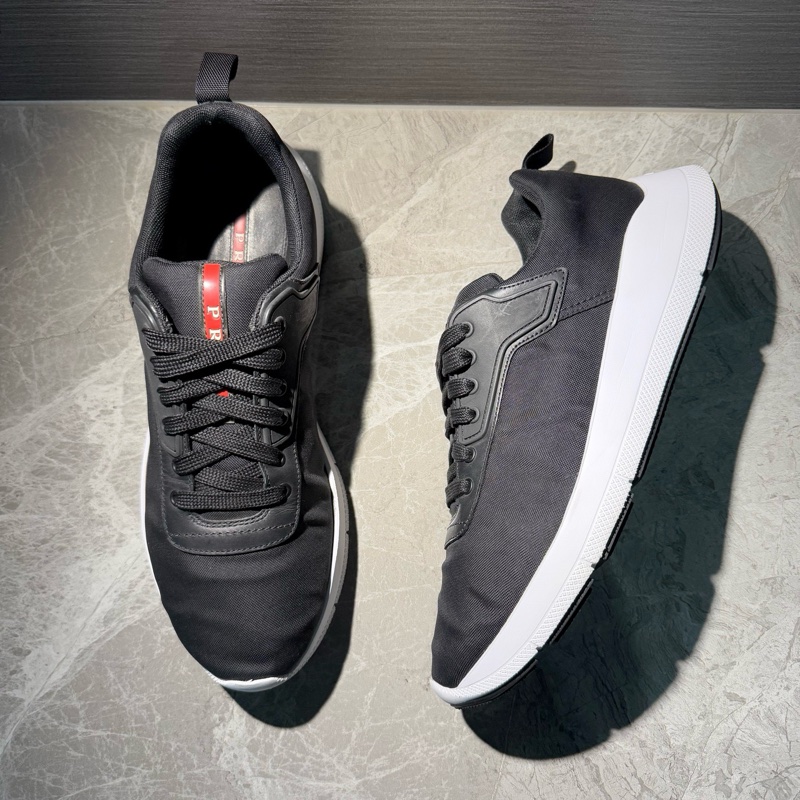 98新Prada普拉達男鞋42碼黑色布面紅標舒適輕便運動鞋-3