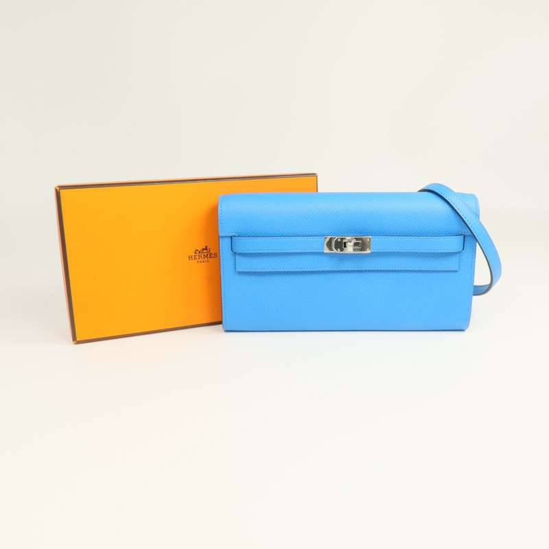 HERMES Epsom皮革Kelly To Go銀扣肩背袋Bleu Frida/Rouge Sellier-15