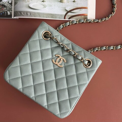 ::CHANEL:: AS3176 藍灰色菱格紋荔枝皮革淡金雙C方型鏈包