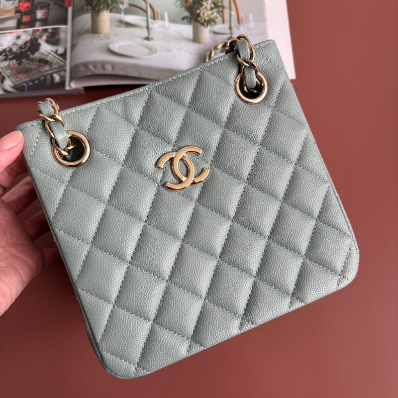 ::CHANEL:: AS3176 藍灰色菱格紋荔枝皮革淡金雙C方型鏈包-1