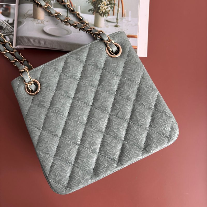 ::CHANEL:: AS3176 藍灰色菱格紋荔枝皮革淡金雙C方型鏈包-3