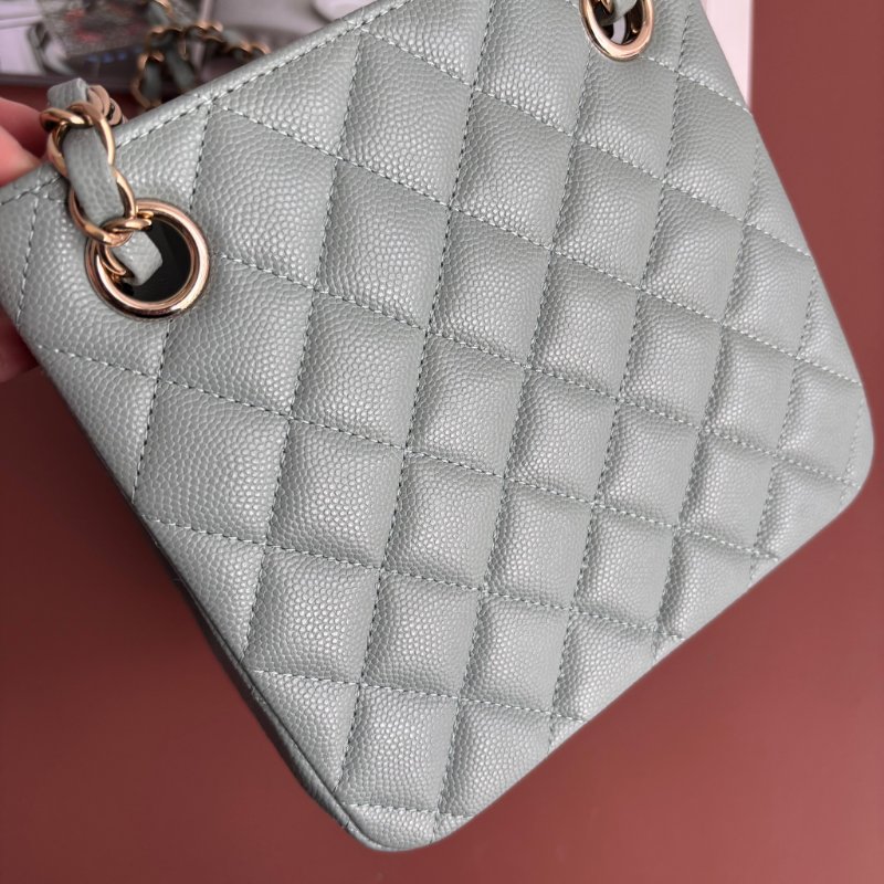 ::CHANEL:: AS3176 藍灰色菱格紋荔枝皮革淡金雙C方型鏈包-6