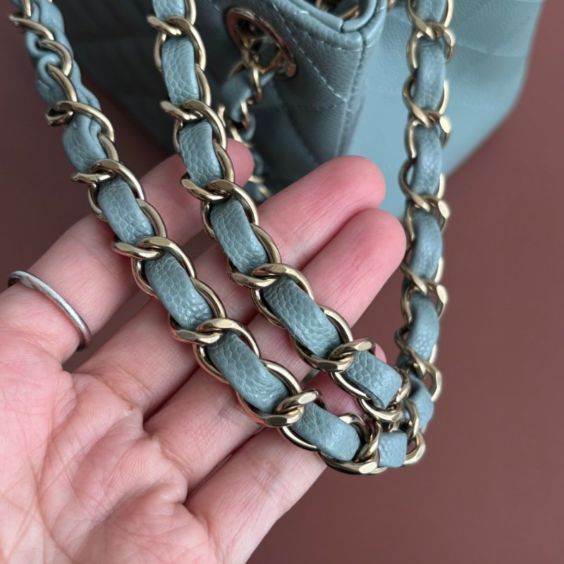 ::CHANEL:: AS3176 藍灰色菱格紋荔枝皮革淡金雙C方型鏈包-13