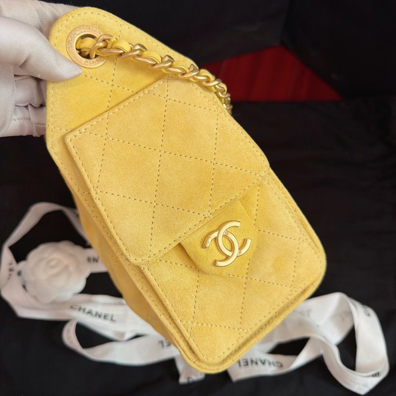 香奈兒/Chanel 25bag麂皮Mini小雞黃鏈條肩背包 附件塵袋-2