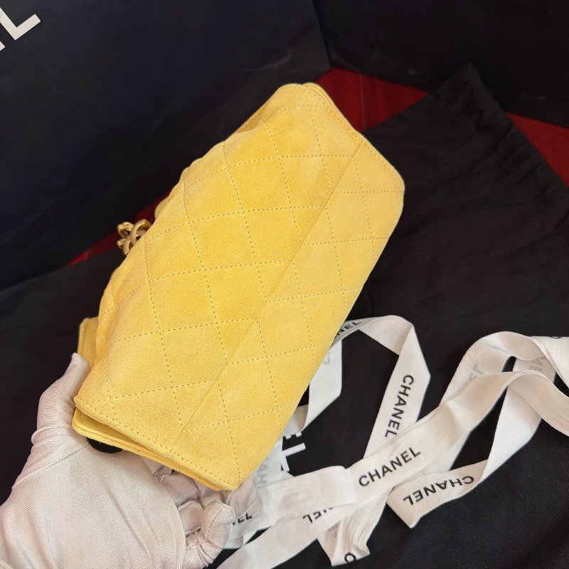 香奈兒/Chanel 25bag麂皮Mini小雞黃鏈條肩背包 附件塵袋-4
