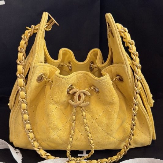 香奈兒/Chanel 25bag麂皮Mini小雞黃鏈條肩背包 附件塵袋-5