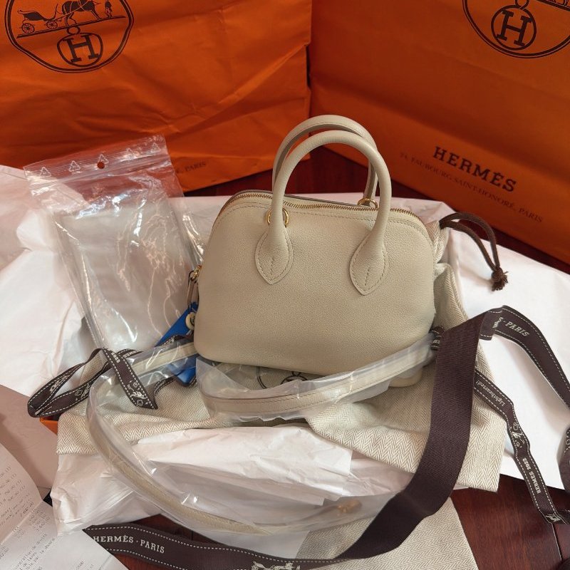 全新保存品 Hermes愛馬仕mini 保齡球冰川白金扣手提包 Evercolor皮-0