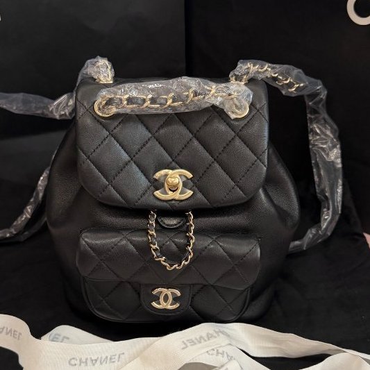 近新品 香奈兒/Chanel Duma小號後背包黑金菱格牛皮-5