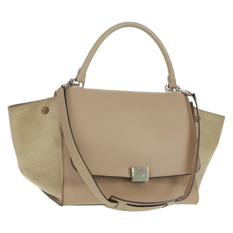 CELINE Trapeze 手提包 絨面革 2way 米色 銀色 Auth 154261V