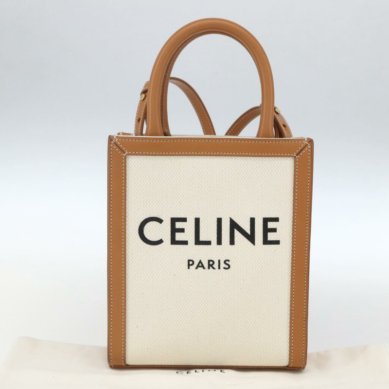 【日本直送】CELINE Triomphe Vertical Cabas Mini Bag 皮革帆布兩用米色 Auth ka1664SAM-11