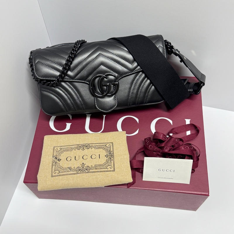 【超級新｜全配🎁】 GUCCI “so black” 全黑黑武士 法棍雙背帶 肩背包（專櫃13萬多）-2