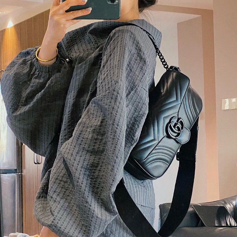 【超級新｜全配🎁】 GUCCI “so black” 全黑黑武士 法棍雙背帶 肩背包（專櫃13萬多）-17