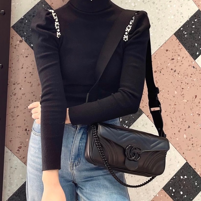 【超級新｜全配🎁】 GUCCI “so black” 全黑黑武士 法棍雙背帶 肩背包（專櫃13萬多）-19