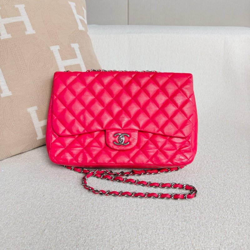 香奈兒/Chanel CF Jumbo玫紅色銀扣羊皮 單蓋鏈條包-0