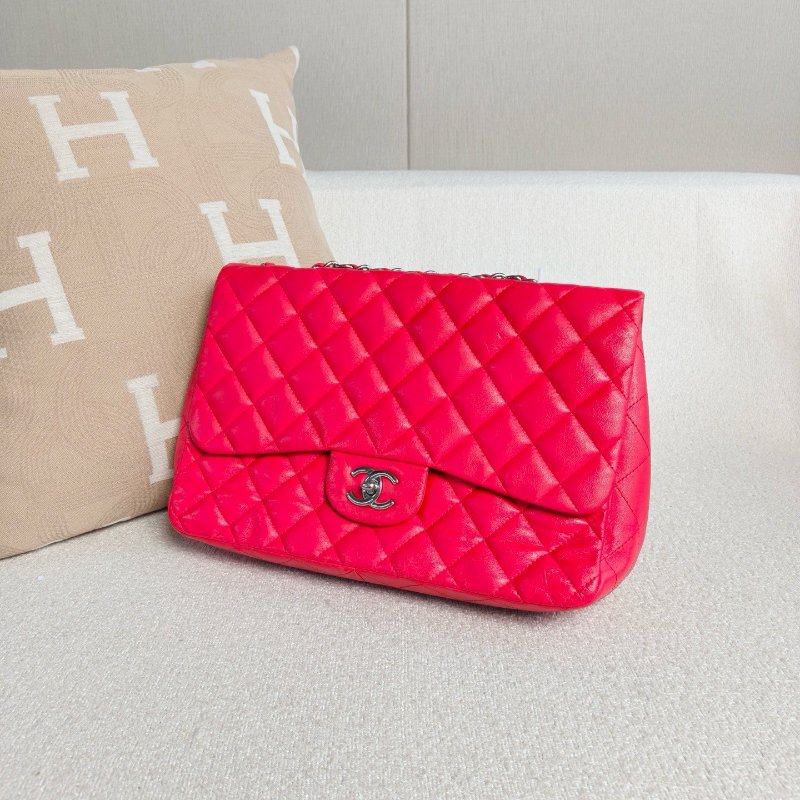 香奈兒/Chanel CF Jumbo玫紅色銀扣羊皮 單蓋鏈條包-3