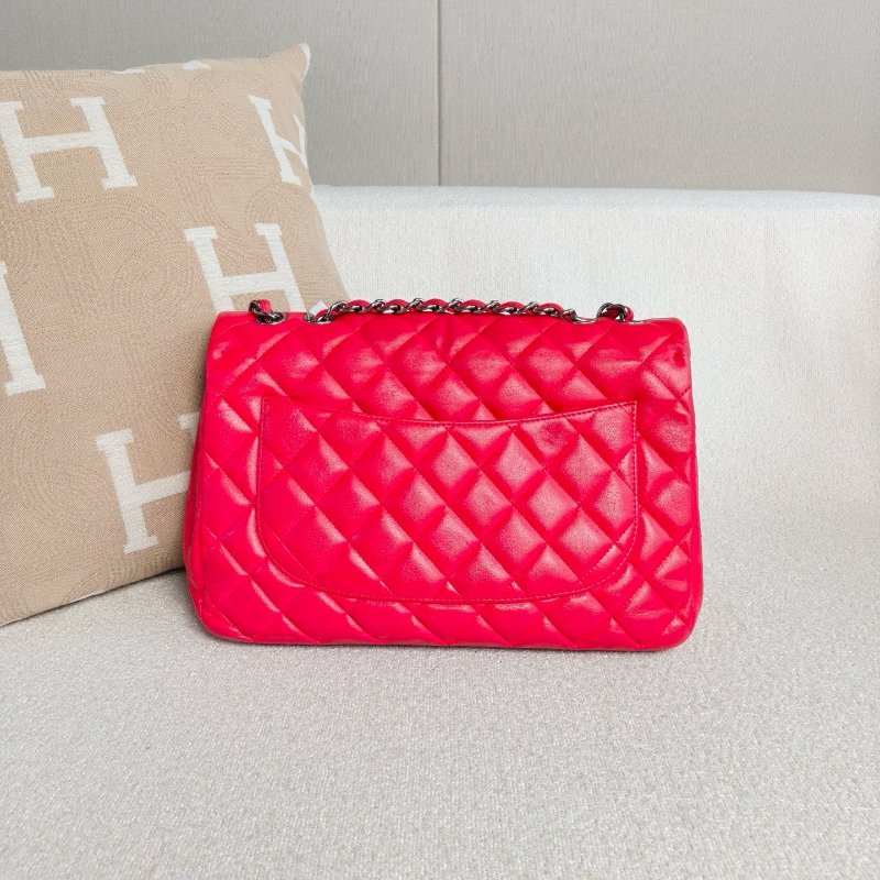 香奈兒/Chanel CF Jumbo玫紅色銀扣羊皮 單蓋鏈條包-6