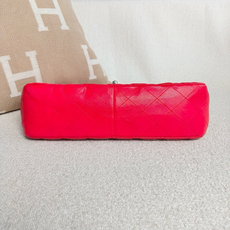 香奈兒/Chanel CF Jumbo玫紅色銀扣羊皮 單蓋鏈條包-7