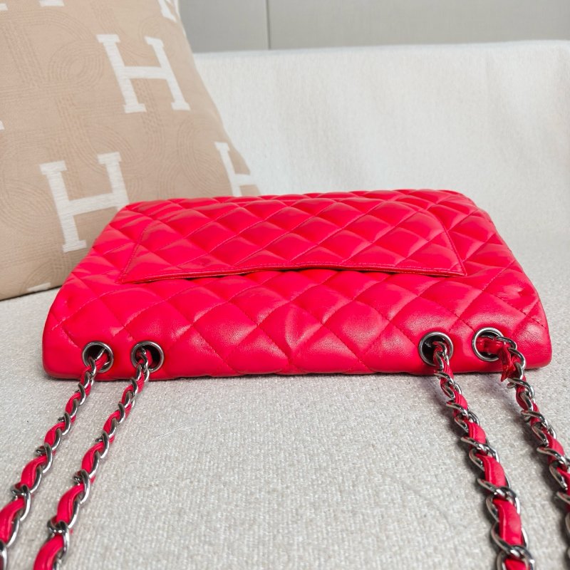 香奈兒/Chanel CF Jumbo玫紅色銀扣羊皮 單蓋鏈條包-9