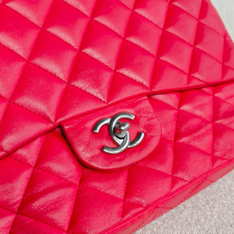 香奈兒/Chanel CF Jumbo玫紅色銀扣羊皮 單蓋鏈條包-10