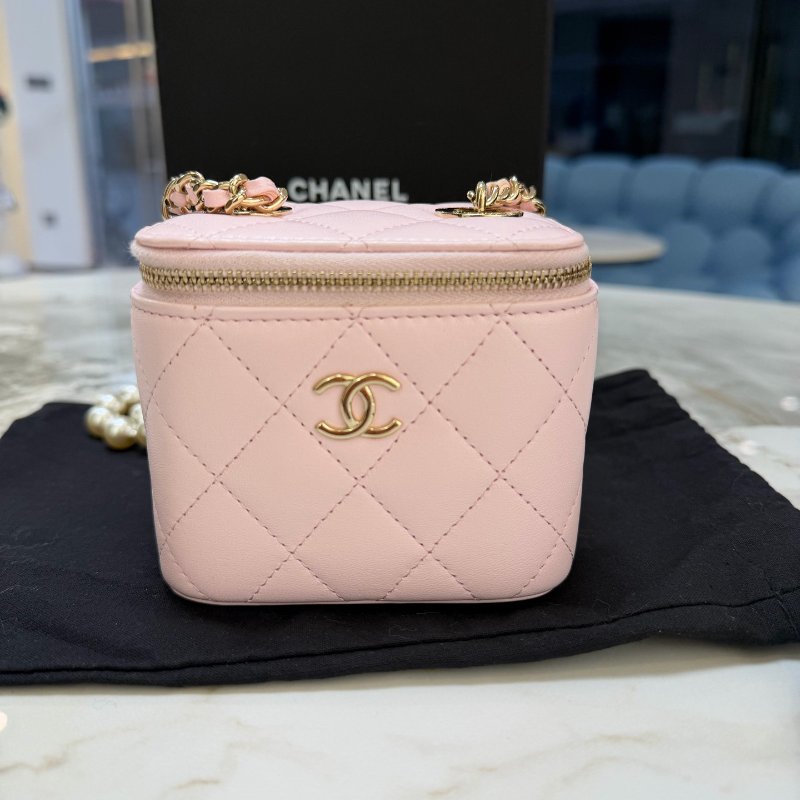香奈兒/Chanel迷你珍珠盒子包 櫻花粉色 珍珠鏈條-5