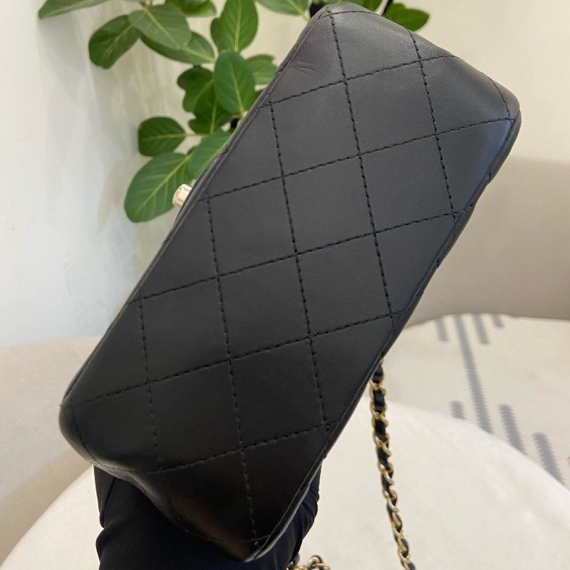 香奈兒/Chanel黑金羊皮方胖子菱格紋 鏈條肩背包斜背包-4
