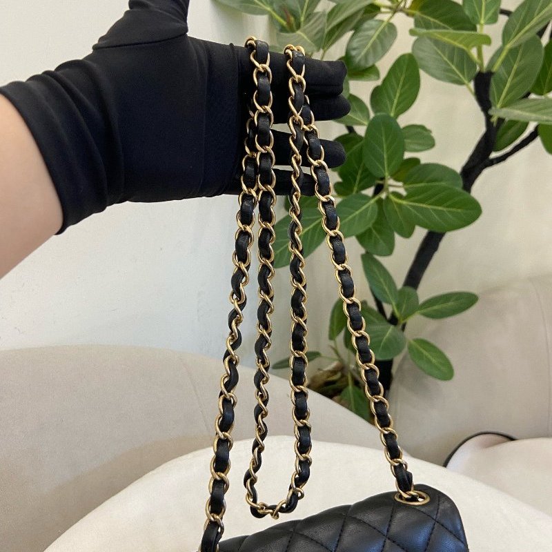 香奈兒/Chanel黑金羊皮方胖子菱格紋 鏈條肩背包斜背包-9