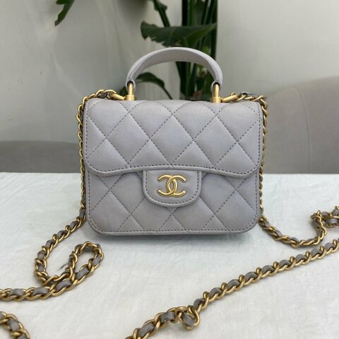 香奈兒/Chanel 淺灰色菱格紋羊皮金扣鏈條包斜背包