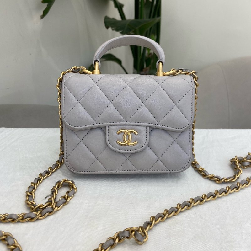 香奈兒/Chanel 淺灰色菱格紋羊皮金扣鏈條包斜背包-0