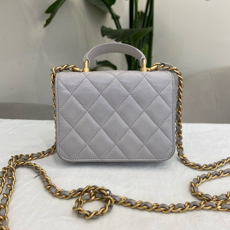 香奈兒/Chanel 淺灰色菱格紋羊皮金扣鏈條包斜背包-1