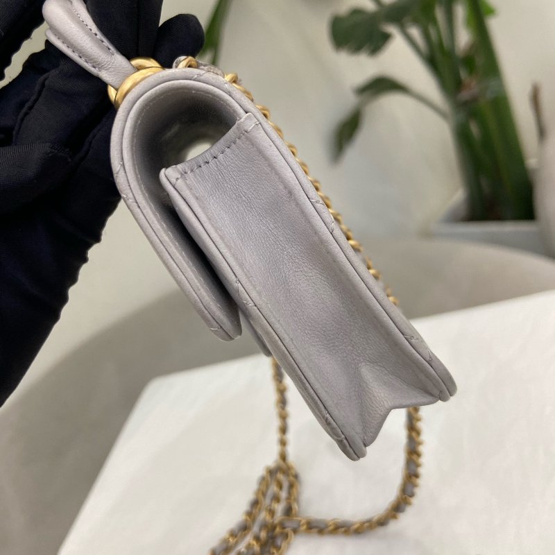 香奈兒/Chanel 淺灰色菱格紋羊皮金扣鏈條包斜背包-2